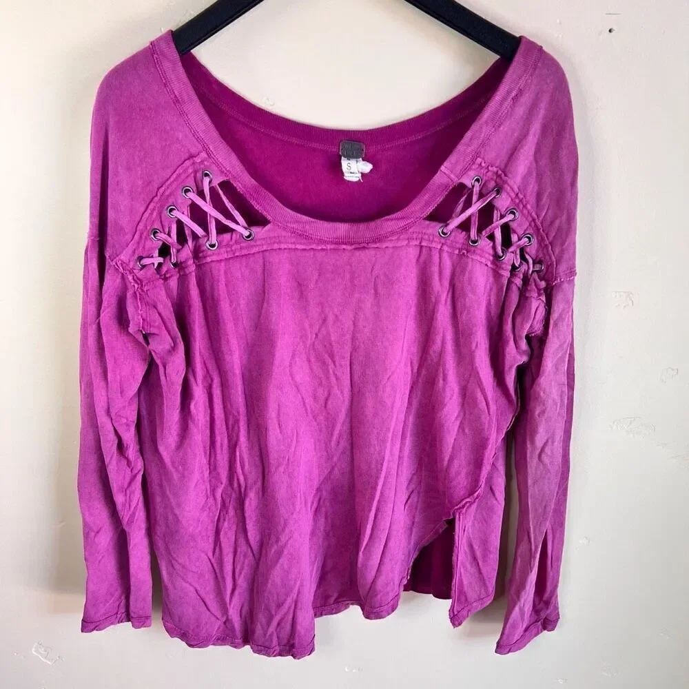 Free People Womens‎ First Love Lace Up Top Bohemian Pink Size Small Oversized